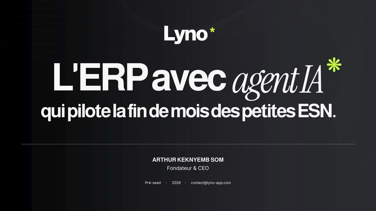 Première slide du deck Lyno : l’ERP avec agent IA qui pilote la fin de mois des petites ESN